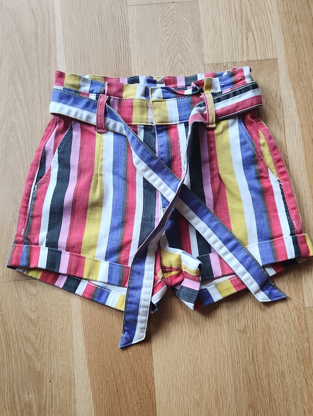 Express Multi-Stripe High-Waist Paperbag Shorts in Red, Yellow, Blue